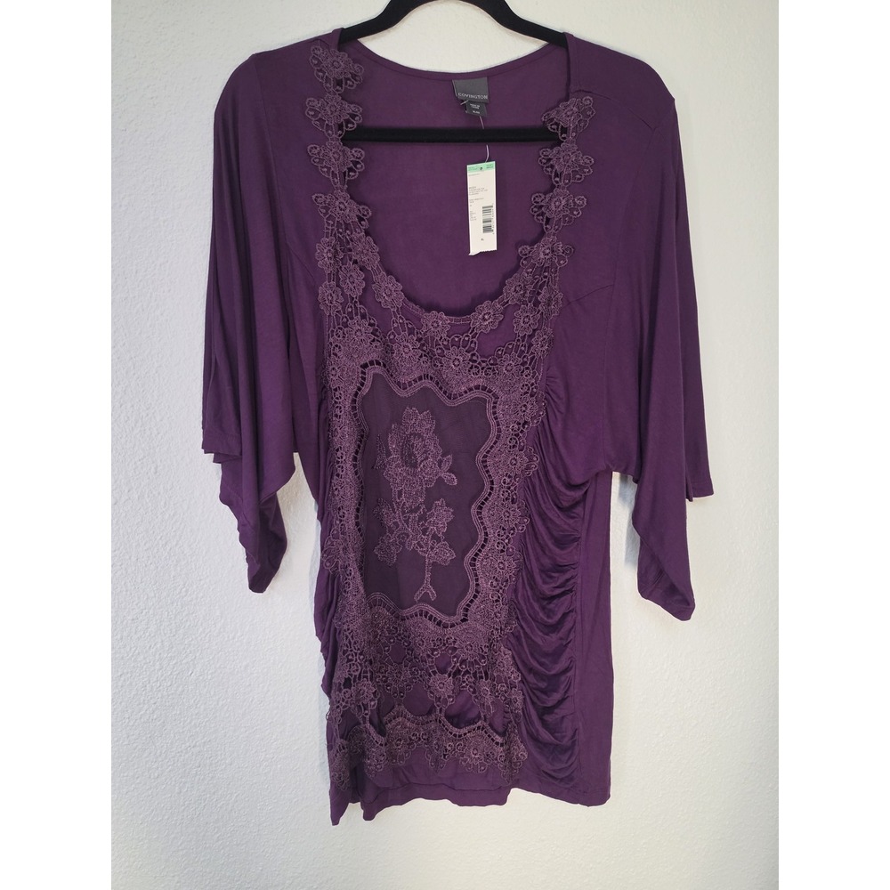NWT Covington Women XL Purple 3/4 Sleeve Blouse Round Neck Casual Top Boho